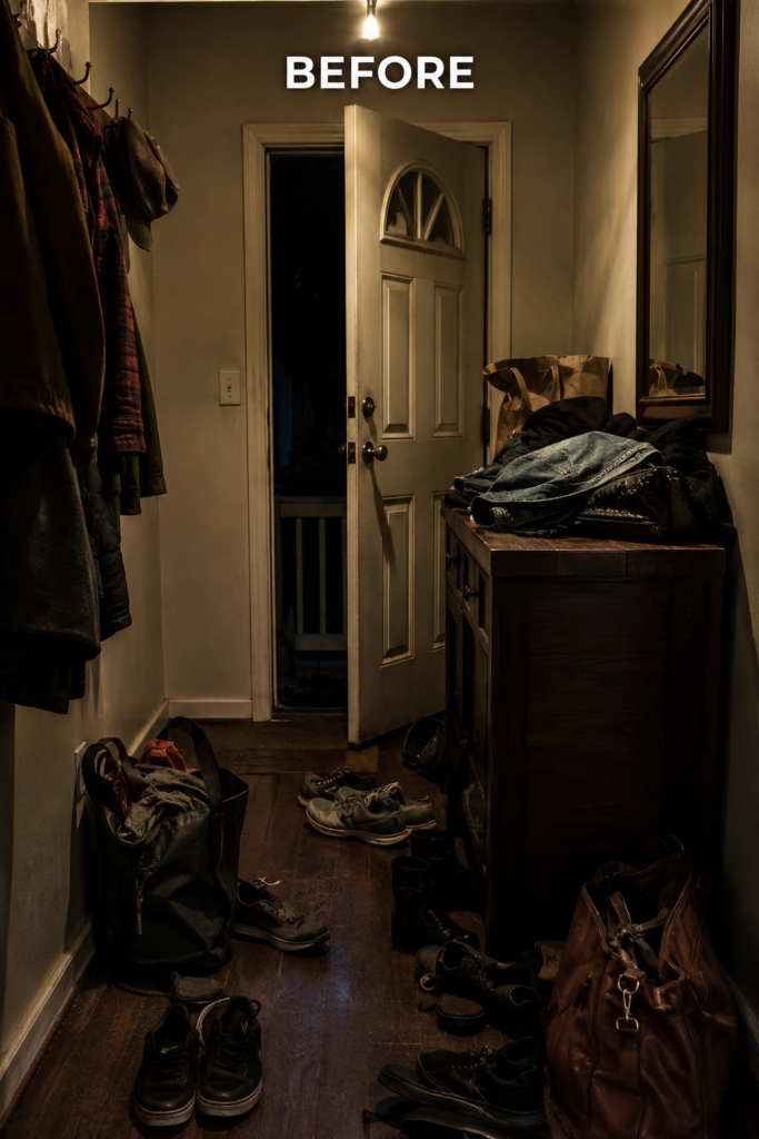 Cluttered front entrance to demonstrate Feng Shui Tips can improve the look.