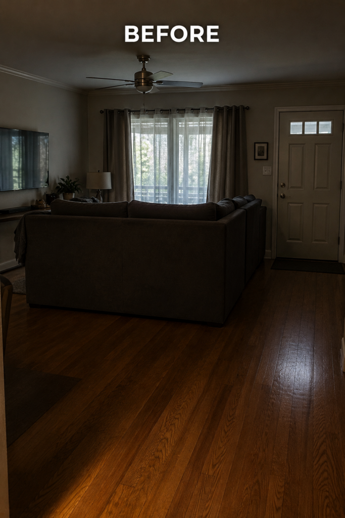Before Feng Shui tips example showing a poorly arranged living room with the sofa facing away from the entrance, blocking natural light and creating a cramped, unwelcoming layout.