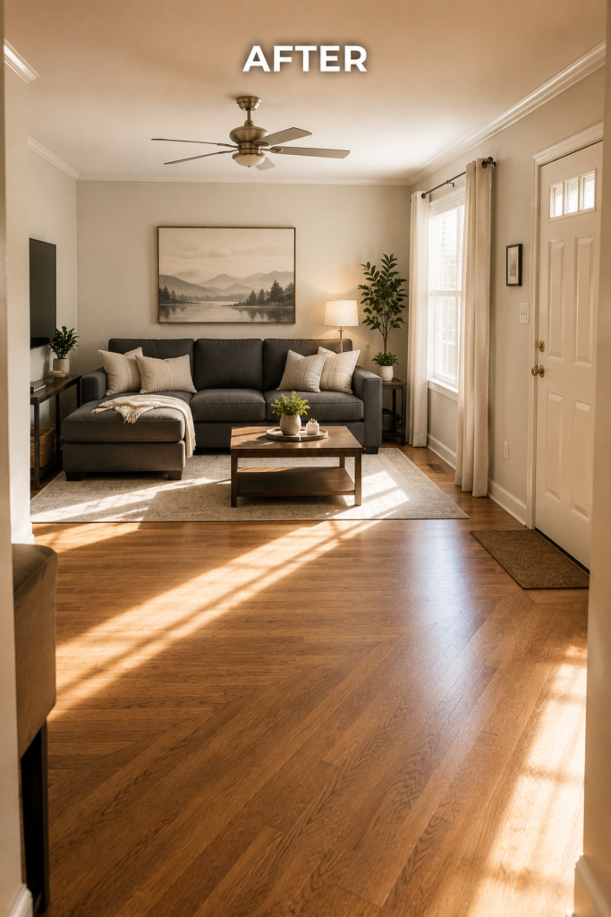 After Feng Shui tips example showing a living room with the sofa in the commanding position, creating an open layout, clear view of the entrance, and bright natural light.