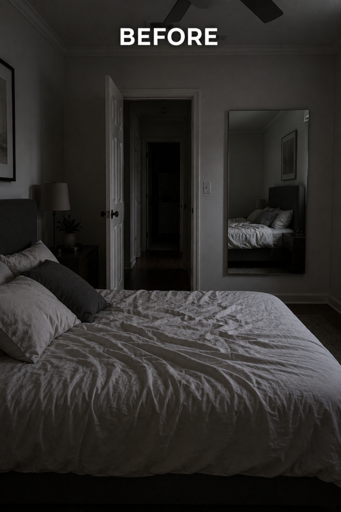 Before Bedroom Feng Shui tips example showing a bed directly aligned with the bedroom door and a mirror reflecting the bed, creating a poor sleep environment.
