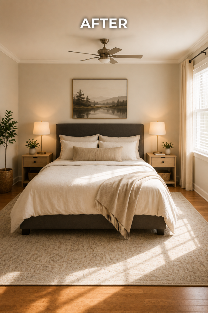 After Bedroom Feng Shui tips example showing a bed centred against a solid wall with matching bedside tables, creating a balanced and restful sleep environment.